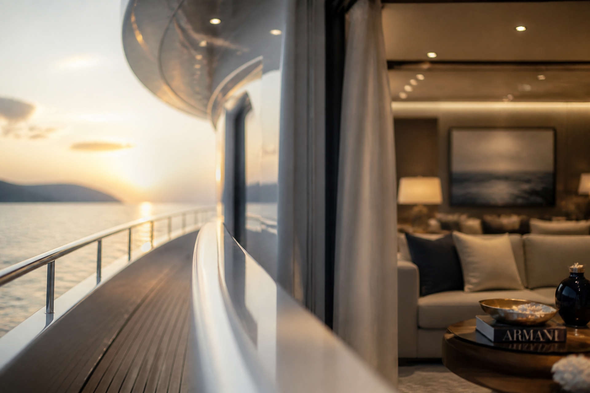 Soft editorial view blending a superyacht's exterior deck and elegant interior lounge at golden hour